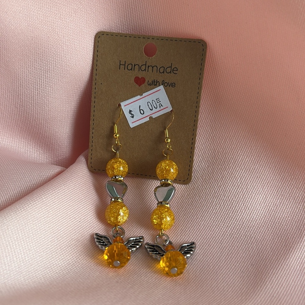 🟢 Handmade Yellow Angel Beaded Earrings